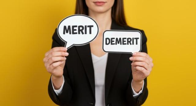 メリット・デメリットのカードを持つ女性