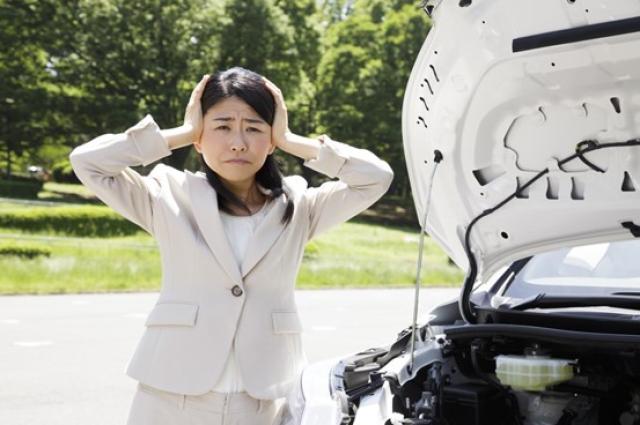 車の横で頭を抱える女性