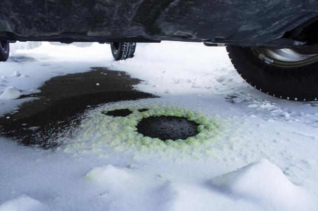 クーラントが漏れて地面が緑色になっている様子
