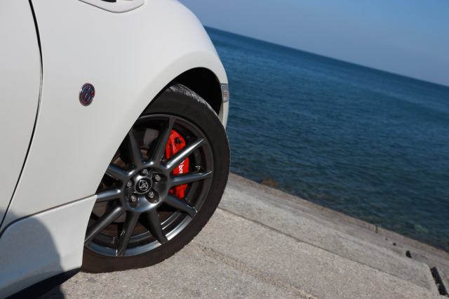 赤いブレーキキャリパーが付いたタイヤ